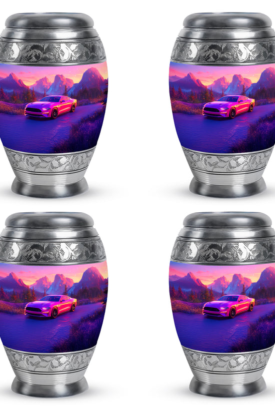 Blush Pink Car Cremation Urn urn with complimentary velvet bag - ornate monarch-style car relief on brushed aluminum - 10 inch aluminum urn for cremated remains