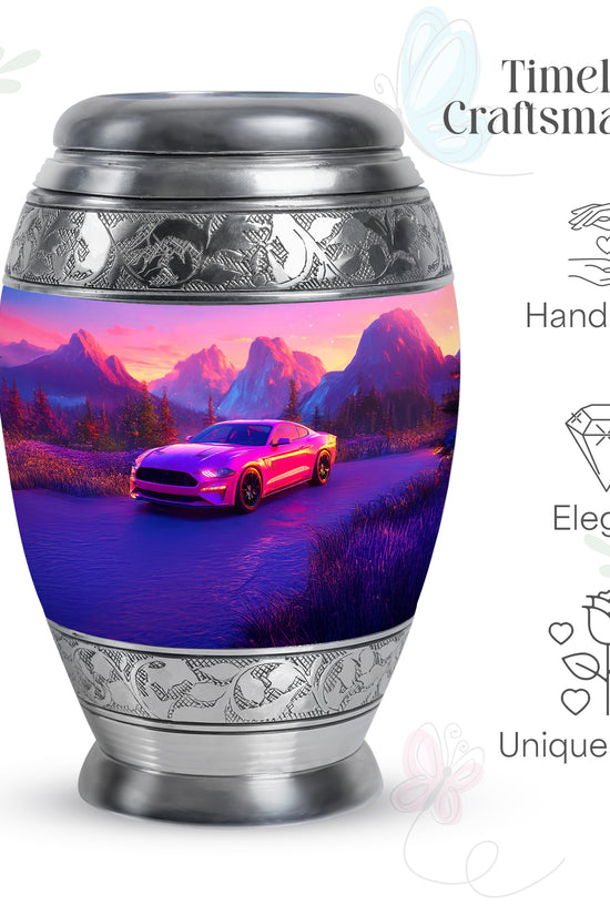 Rose Pink Car Cremation Urn lifestyle display on memorial shelf - ornate monarch-style car relief on brushed aluminum - mini keepsake memorial for portion of cremation ashes