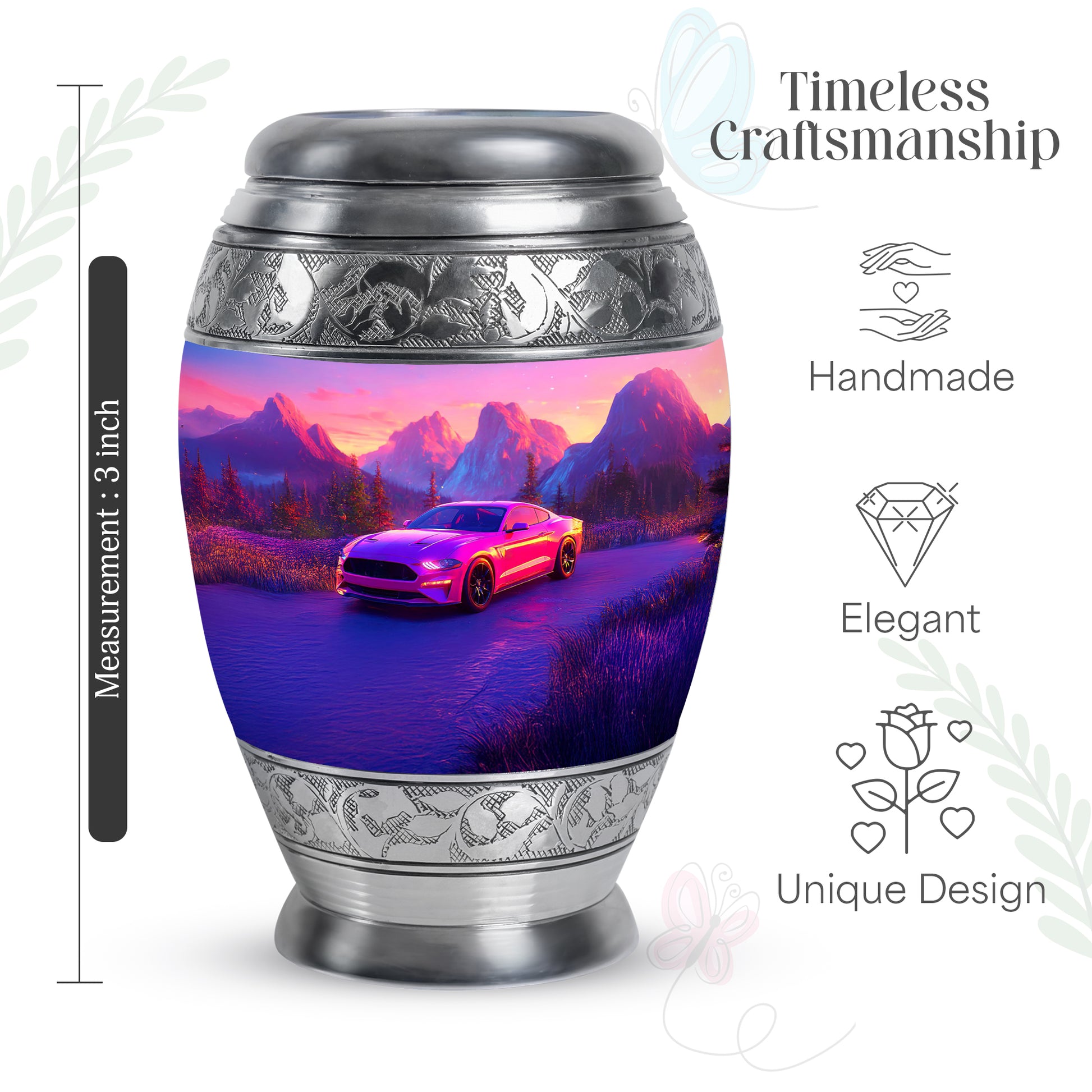 Rose Pink Car Cremation Urn lifestyle display on memorial shelf - ornate monarch-style car relief on brushed aluminum - mini keepsake memorial for portion of cremation ashes