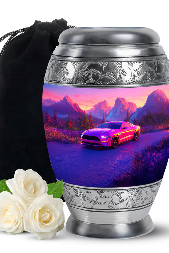 Blush Pink Car Cremation Urn back view with polished surface - regal car design with crown-inspired accents - full-size 10 inch 200 cubic inch adult cremation urn