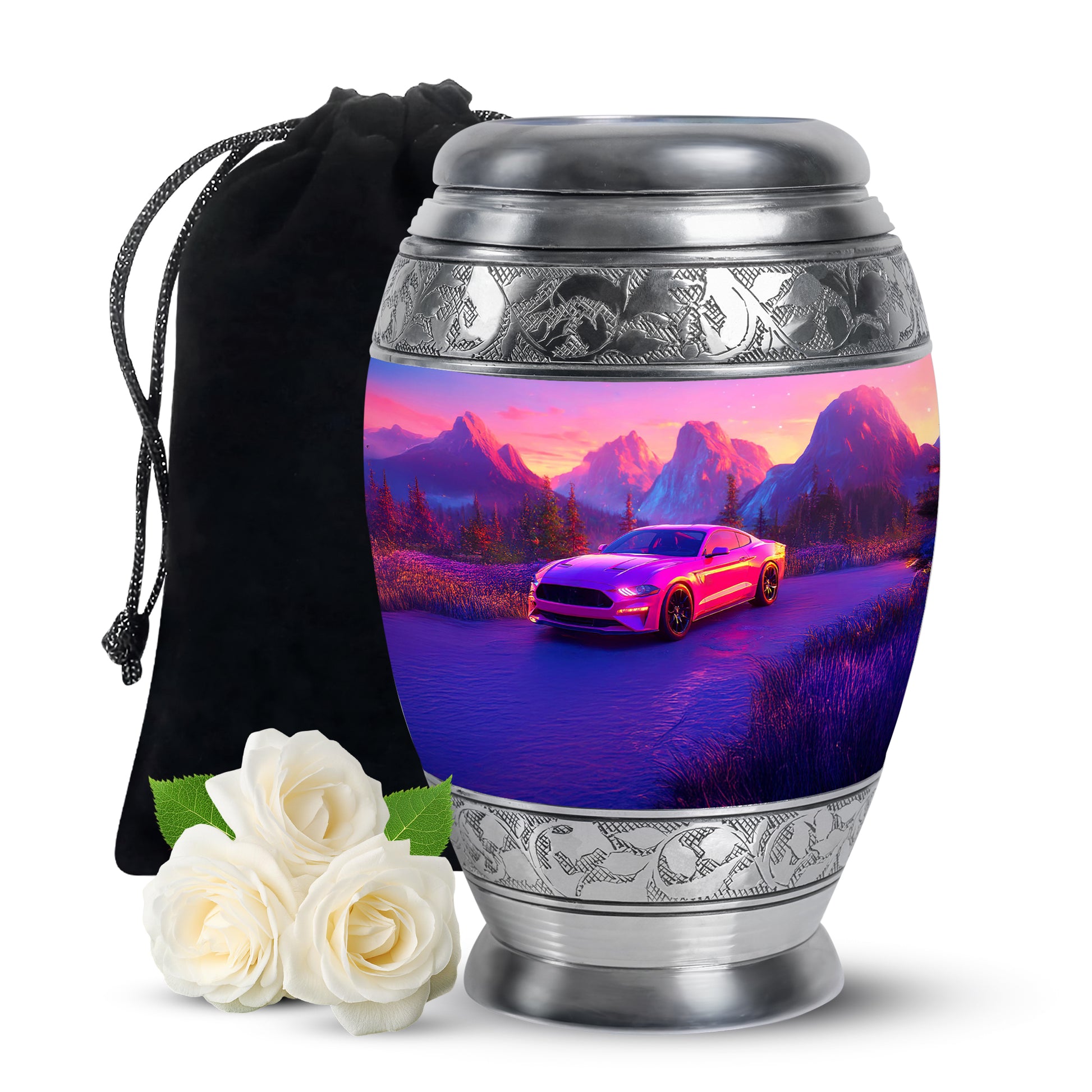 Blush Pink Car Cremation Urn back view with polished surface - regal car design with crown-inspired accents - full-size 10 inch 200 cubic inch adult cremation urn