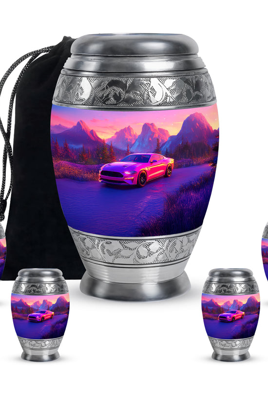 Vintage Pink Car Cremation Urn detail view - majestic car pattern with filigree border - memorial set with one large and four small urns