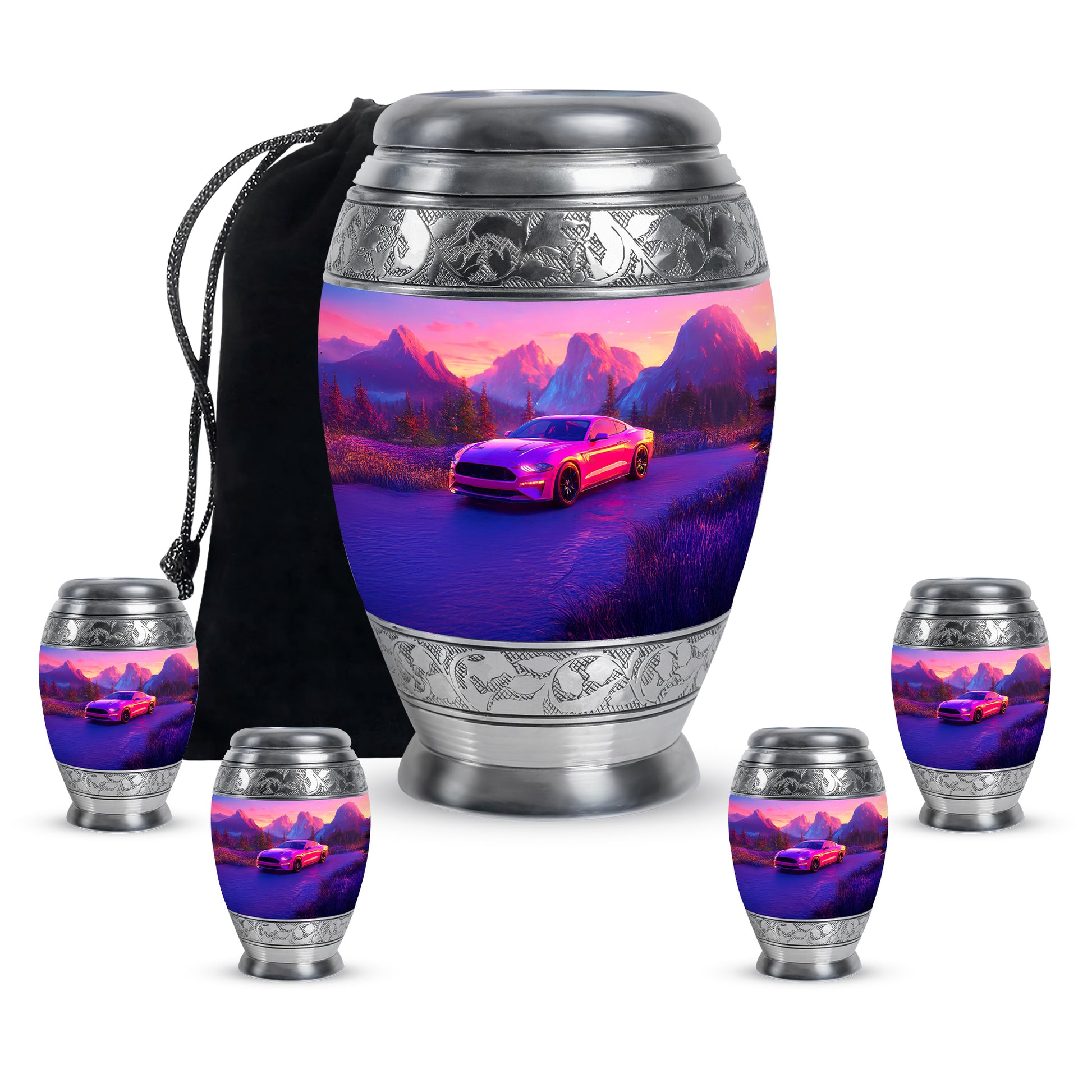 Vintage Pink Car Cremation Urn detail view - majestic car pattern with filigree border - memorial set with one large and four small urns