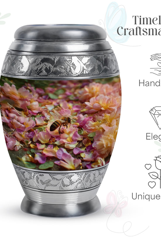 Royal Gold Bee Cremation Urn lifestyle display on memorial shelf - royal bee engraving with decorative scrollwork - mini keepsake memorial for portion of cremation ashes
