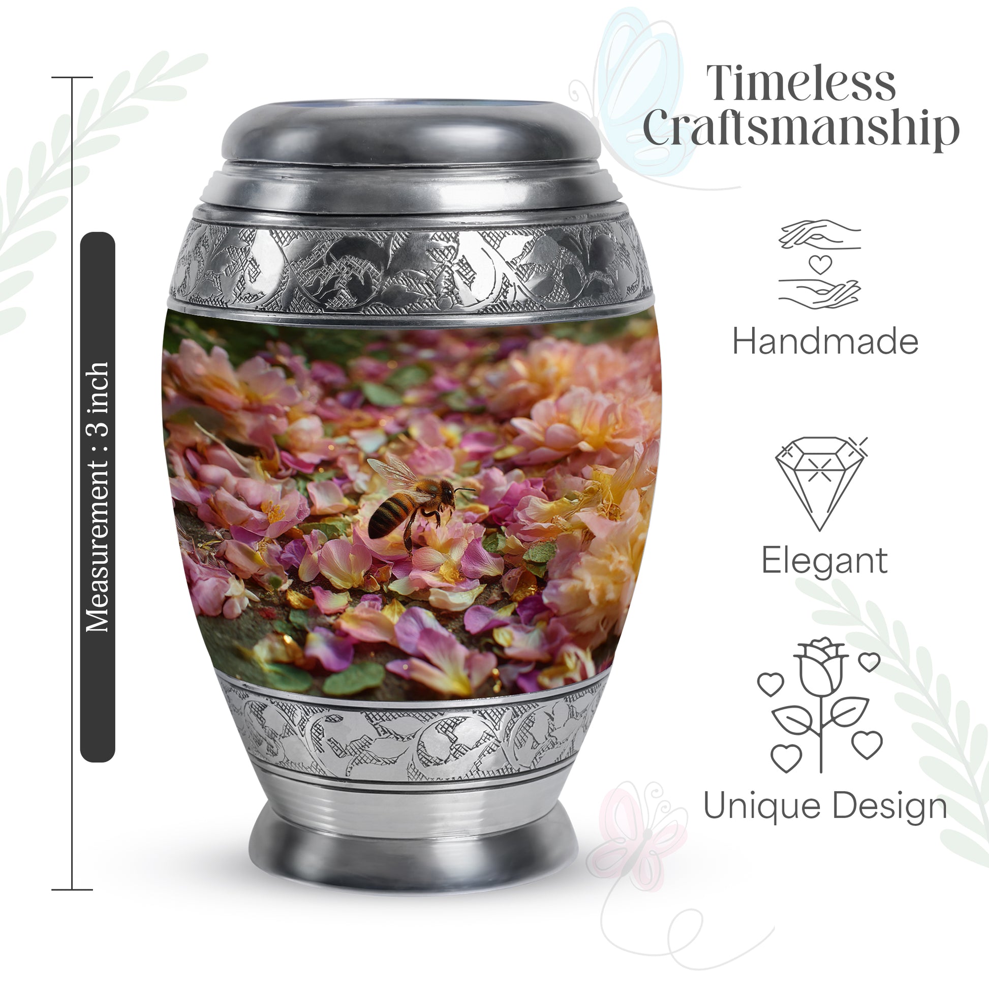 Royal Gold Bee Cremation Urn lifestyle display on memorial shelf - royal bee engraving with decorative scrollwork - mini keepsake memorial for portion of cremation ashes