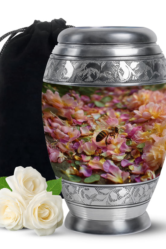 Amber Gold Bee Cremation Urn back view with polished surface - regal bee design with crown-inspired accents - full-size 10 inch 200 cubic inch adult cremation urn