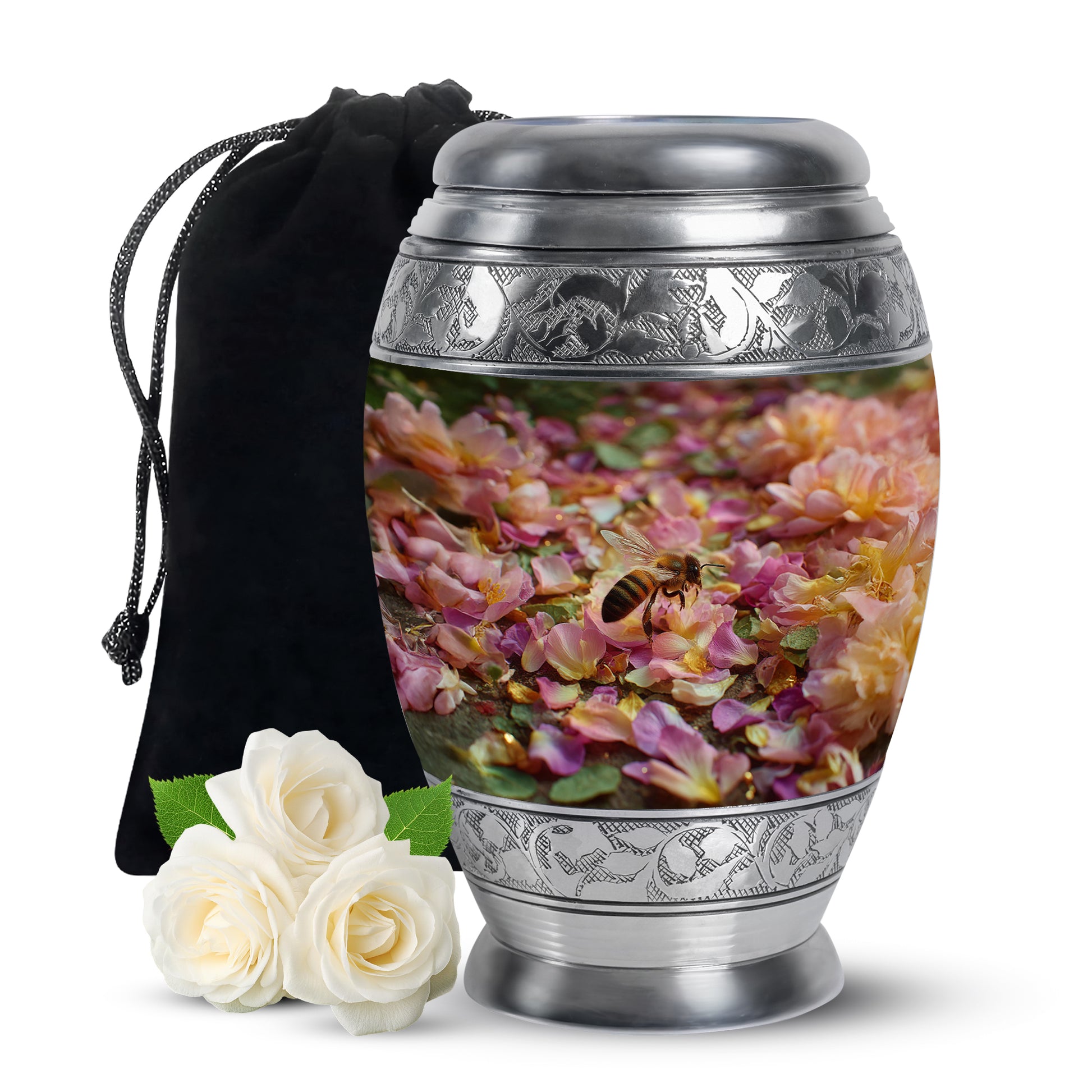 Amber Gold Bee Cremation Urn back view with polished surface - regal bee design with crown-inspired accents - full-size 10 inch 200 cubic inch adult cremation urn