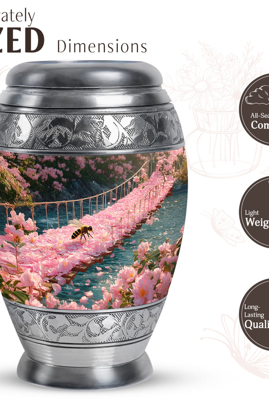 Champagne Gold Bee Cremation Urn lifestyle display on memorial shelf - ornate monarch-style bee relief on brushed aluminum - mini keepsake memorial for portion of cremation ashes