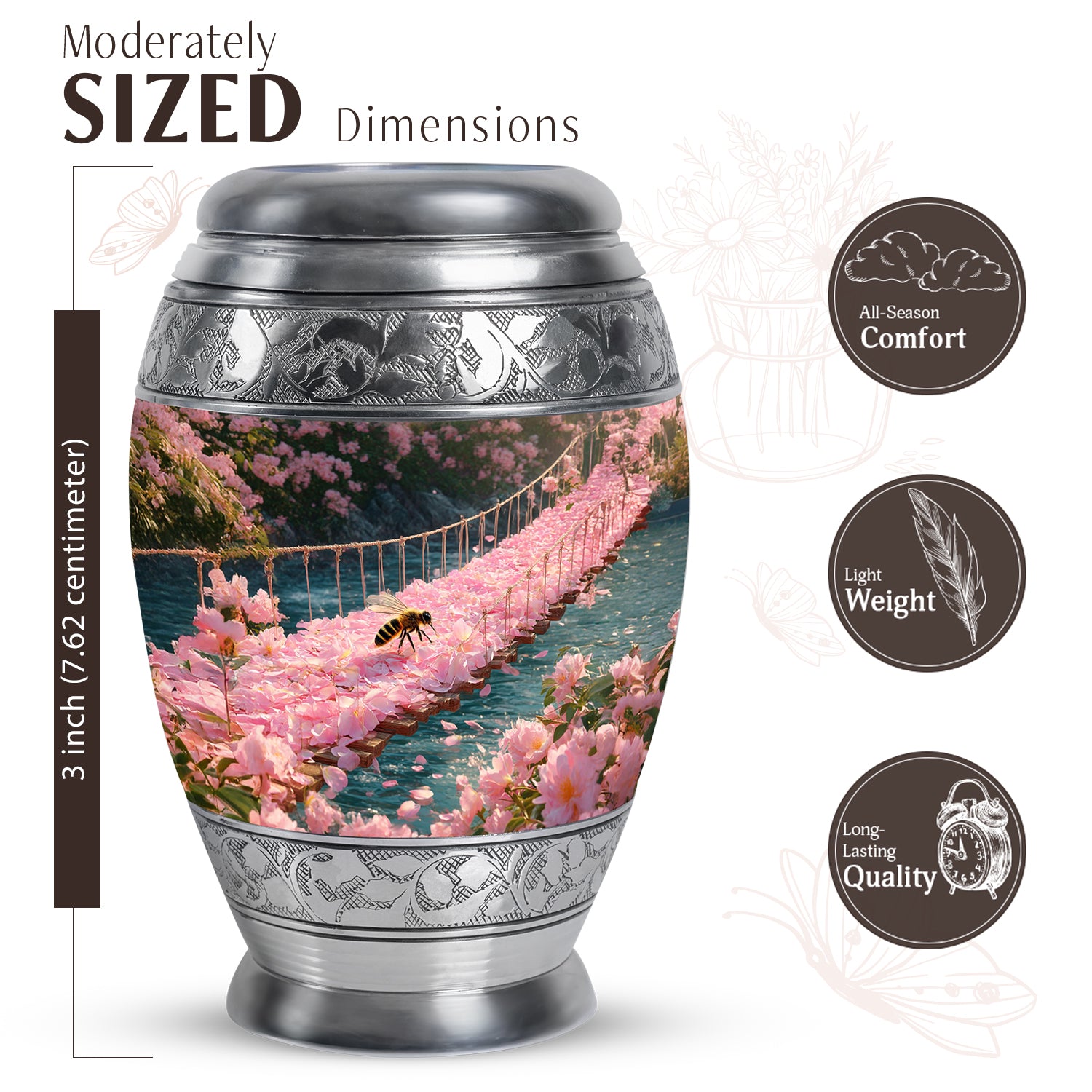 Champagne Gold Bee Cremation Urn lifestyle display on memorial shelf - ornate monarch-style bee relief on brushed aluminum - mini keepsake memorial for portion of cremation ashes
