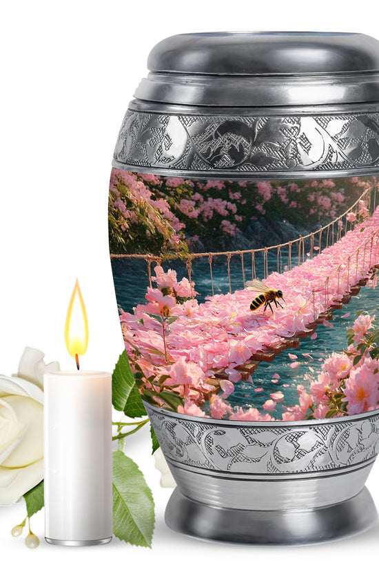 Burnished Gold Bee Cremation Urn back view with polished surface - majestic bee pattern with filigree border - full-size 10 inch 200 cubic inch adult cremation urn