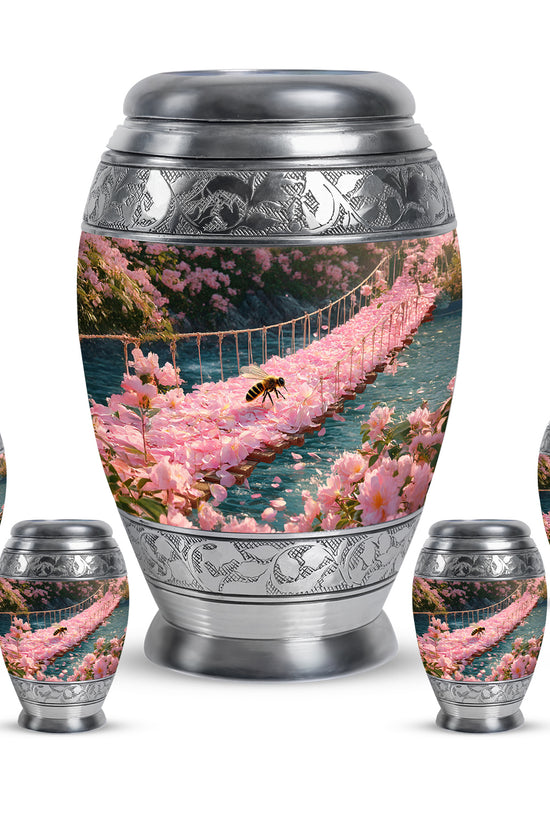 Sunrise Gold Bee Cremation Urn detail view - regal bee design with crown-inspired accents - memorial set with one large and four small urns