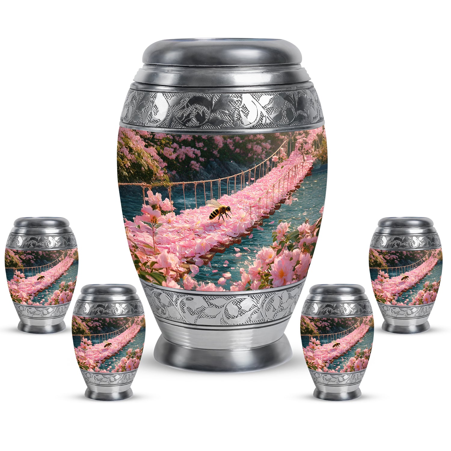 Sunrise Gold Bee Cremation Urn detail view - regal bee design with crown-inspired accents - memorial set with one large and four small urns