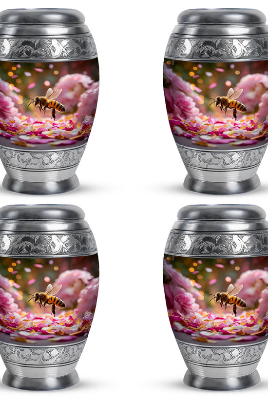 Amber Gold Bee Cremation Urn urn with complimentary velvet bag - ornate monarch-style bee relief on brushed aluminum - 10 inch aluminum urn for cremated remains