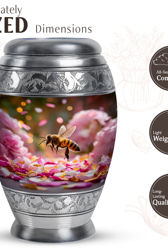Amber Gold Bee Cremation Urn lifestyle display on memorial shelf - ornate monarch-style bee relief on brushed aluminum - mini keepsake memorial for portion of cremation ashes