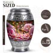 Amber Gold Bee Cremation Urn lifestyle display on memorial shelf - ornate monarch-style bee relief on brushed aluminum - mini keepsake memorial for portion of cremation ashes