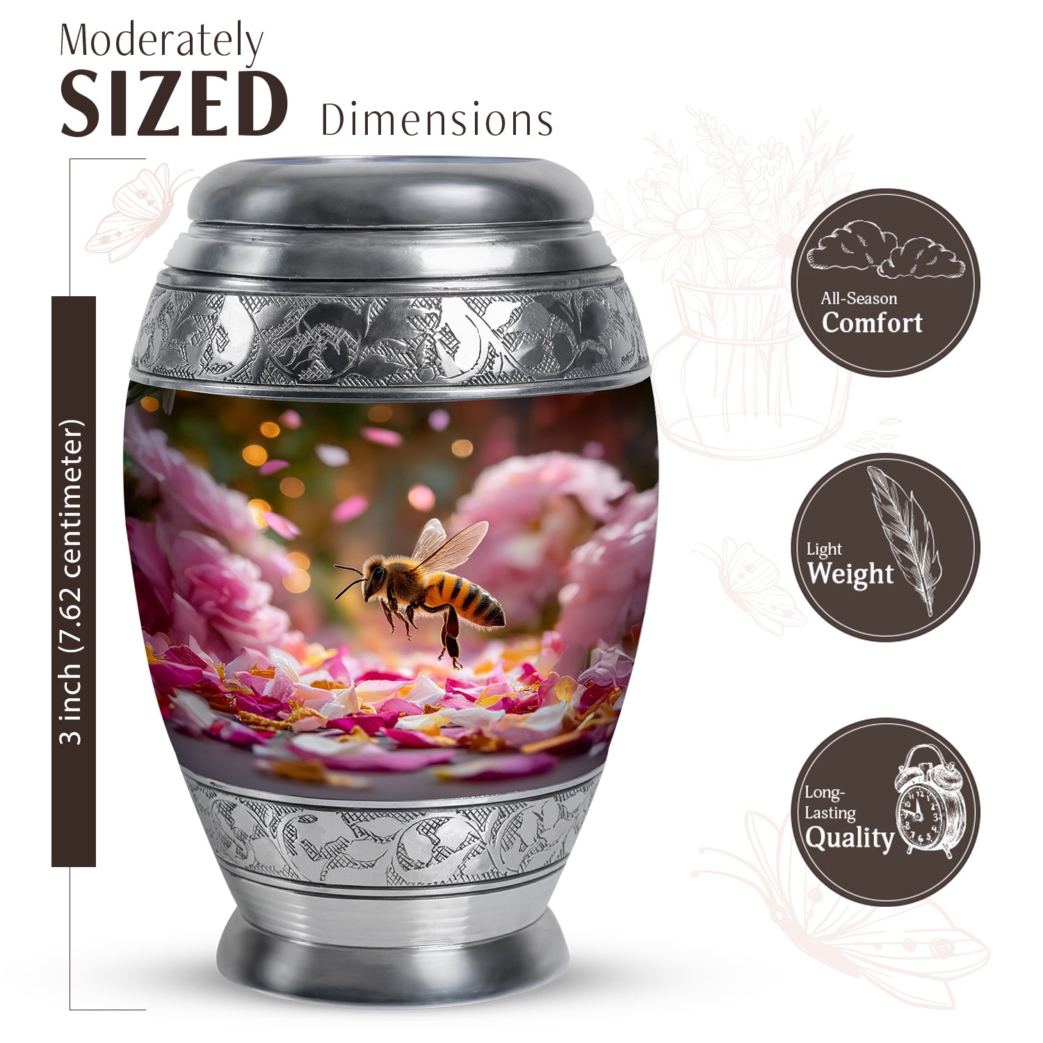 Amber Gold Bee Cremation Urn lifestyle display on memorial shelf - ornate monarch-style bee relief on brushed aluminum - mini keepsake memorial for portion of cremation ashes