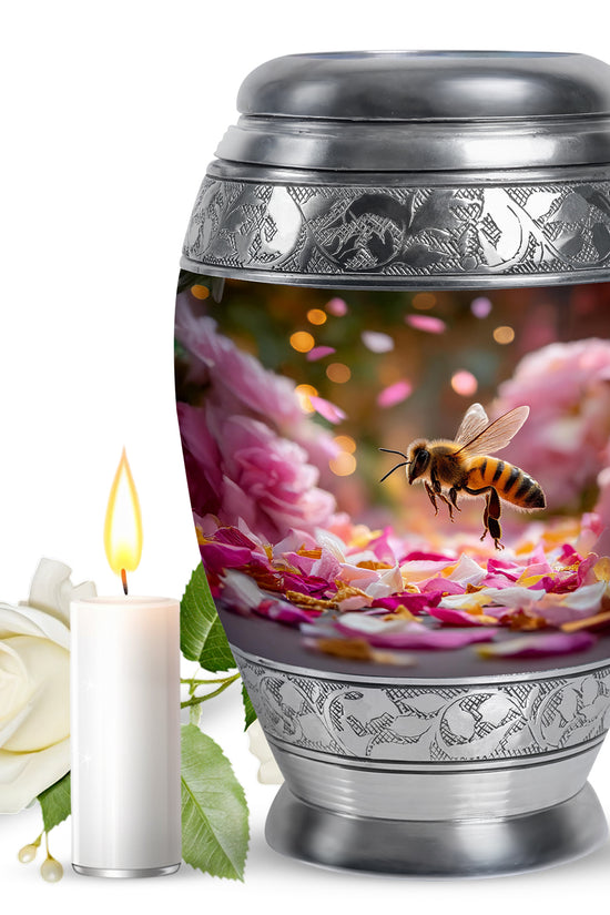 Burnished Gold Bee Cremation Urn back view with polished surface - royal bee engraving with decorative scrollwork - full-size 10 inch 200 cubic inch adult cremation urn