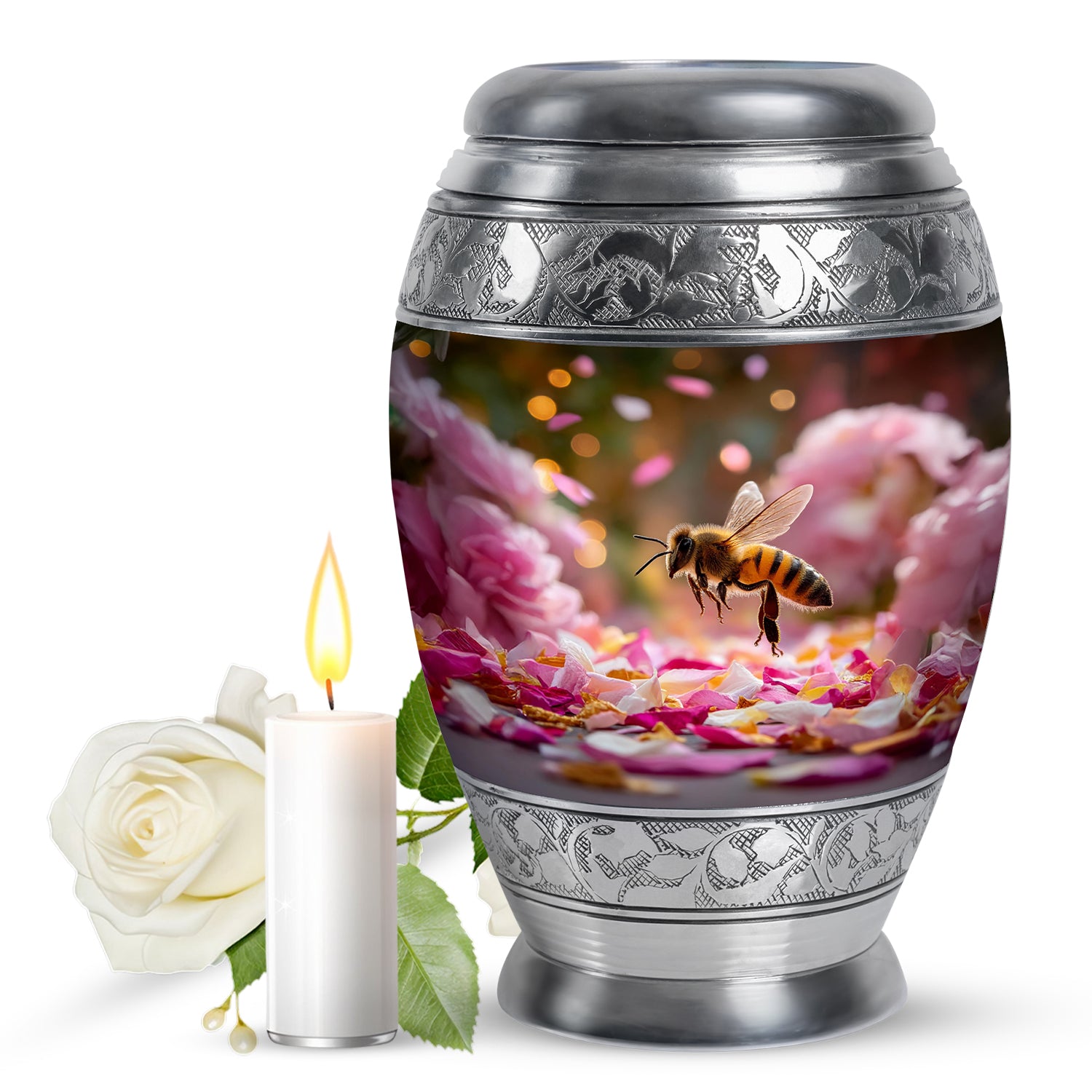 Burnished Gold Bee Cremation Urn back view with polished surface - royal bee engraving with decorative scrollwork - full-size 10 inch 200 cubic inch adult cremation urn