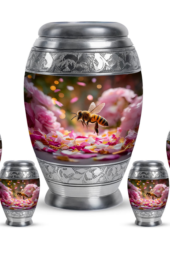 Antique Gold Bee Cremation Urn detail view - ornate monarch-style bee relief on brushed aluminum - memorial set with one large and four small urns