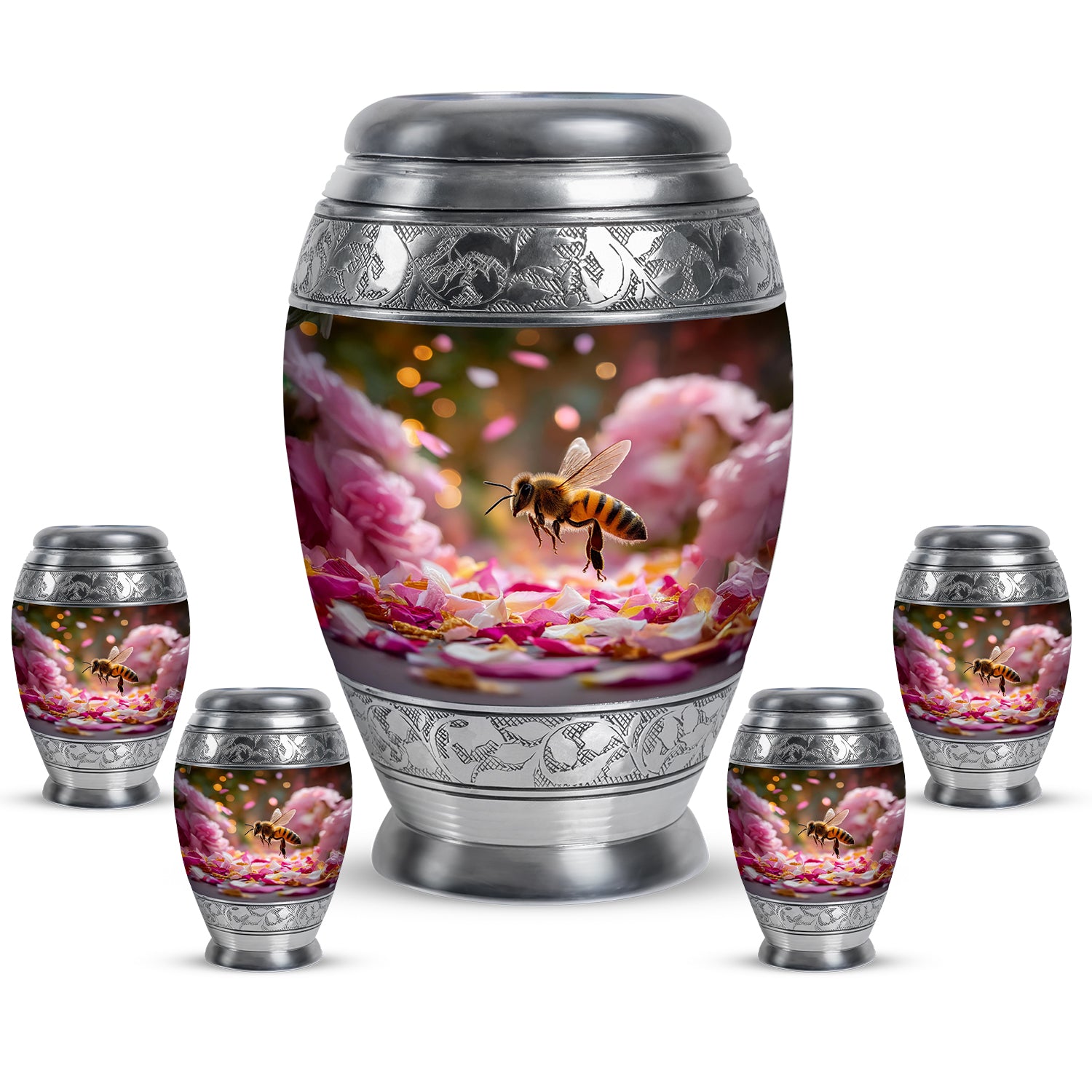 Antique Gold Bee Cremation Urn detail view - ornate monarch-style bee relief on brushed aluminum - memorial set with one large and four small urns
