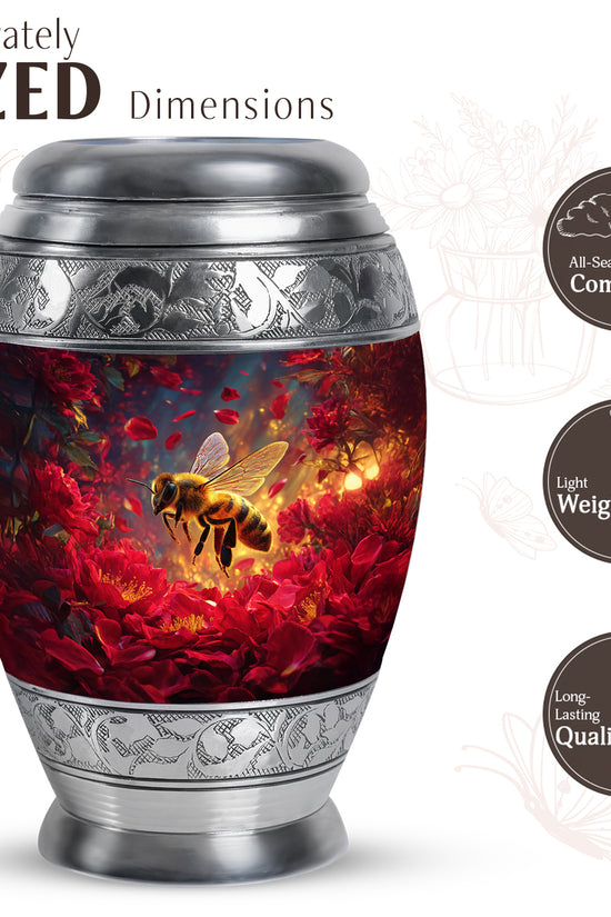 Petal Pink Bee Cremation Urn lifestyle display on memorial shelf - royal bee engraving with decorative scrollwork - mini keepsake memorial for portion of cremation ashes