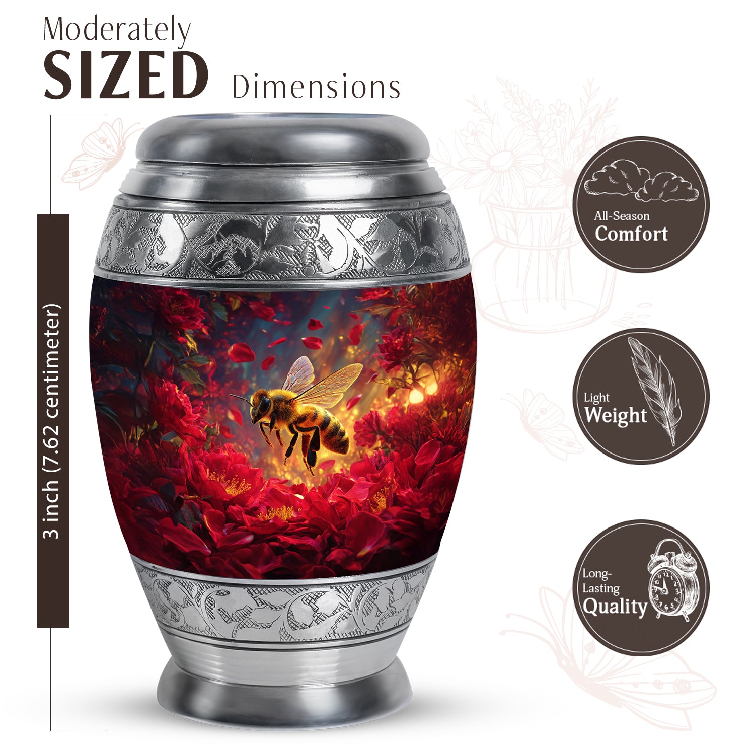 Petal Pink Bee Cremation Urn lifestyle display on memorial shelf - royal bee engraving with decorative scrollwork - mini keepsake memorial for portion of cremation ashes
