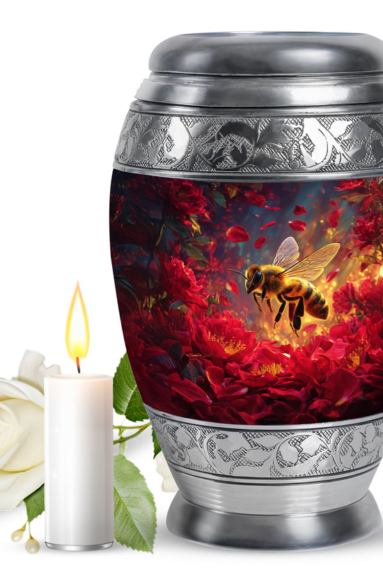 Blush Pink Bee Cremation Urn back view with polished surface - ornate monarch-style bee relief on brushed aluminum - full-size 10 inch 200 cubic inch adult cremation urn