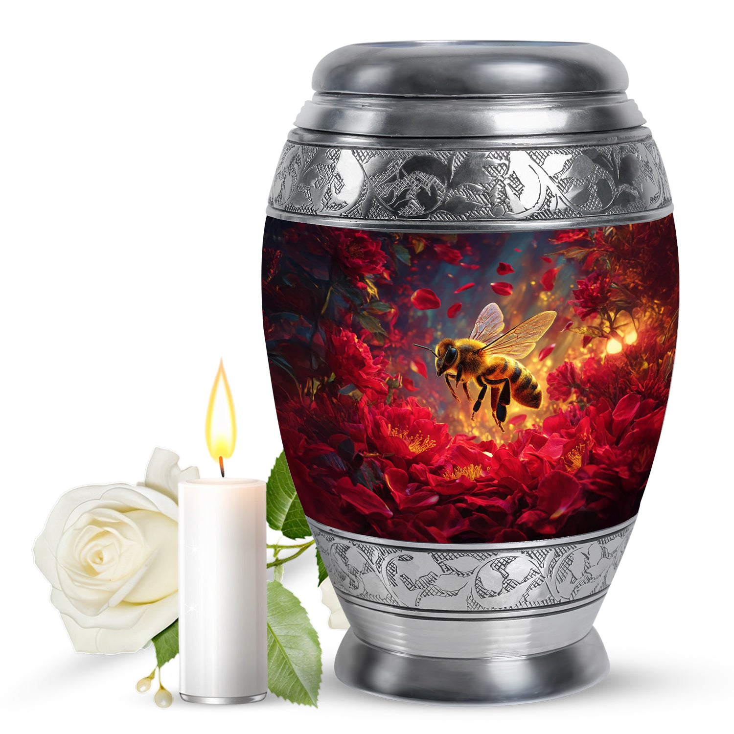 Blush Pink Bee Cremation Urn back view with polished surface - ornate monarch-style bee relief on brushed aluminum - full-size 10 inch 200 cubic inch adult cremation urn