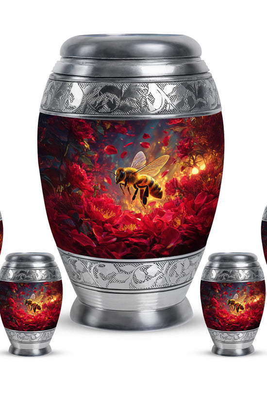 Soft Pink Bee Cremation Urn detail view - majestic bee pattern with filigree border - memorial set with one large and four small urns