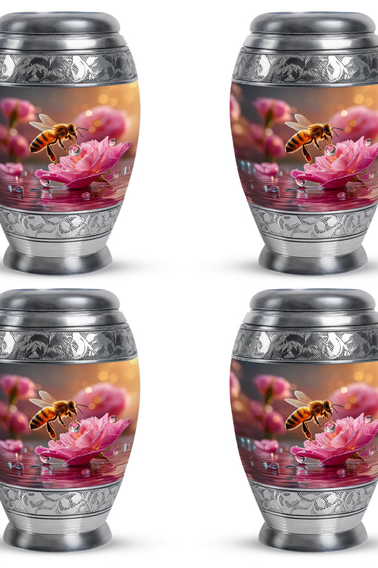 Amber Gold Bee Cremation Urn urn with complimentary velvet bag - ornate monarch-style bee relief on brushed aluminum - 10 inch aluminum urn for cremated remains