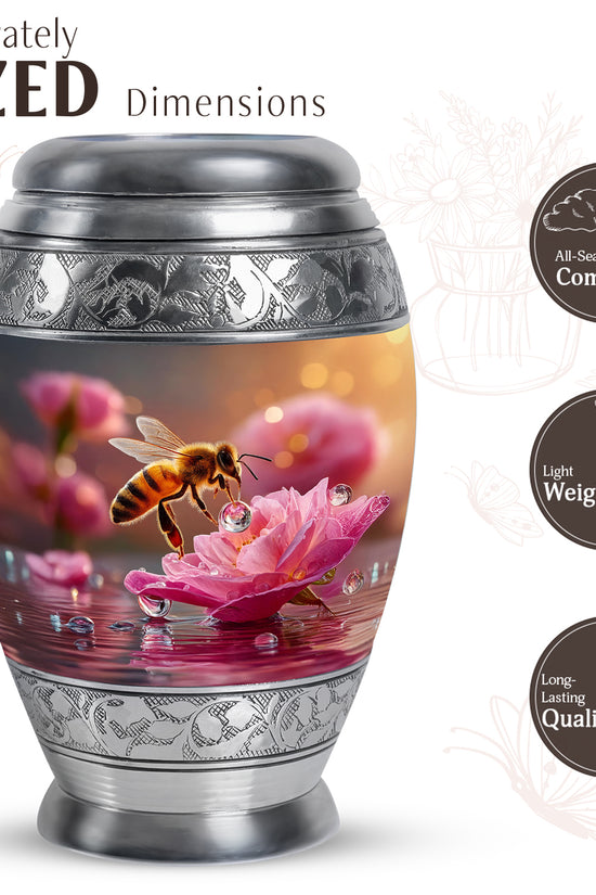 Matte Gold Bee Cremation Urn lifestyle display on memorial shelf - majestic bee pattern with filigree border - mini keepsake memorial for portion of cremation ashes