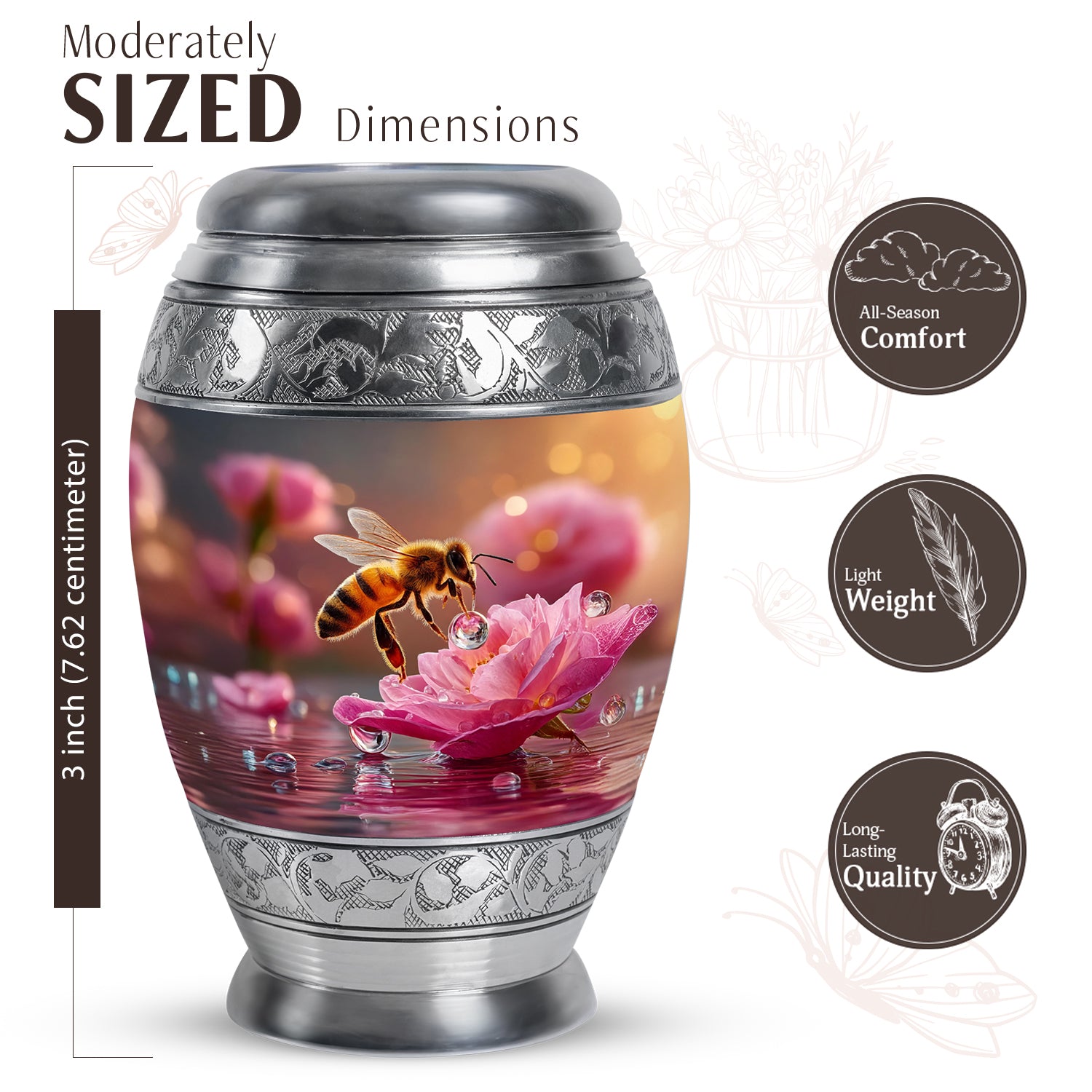 Matte Gold Bee Cremation Urn lifestyle display on memorial shelf - majestic bee pattern with filigree border - mini keepsake memorial for portion of cremation ashes