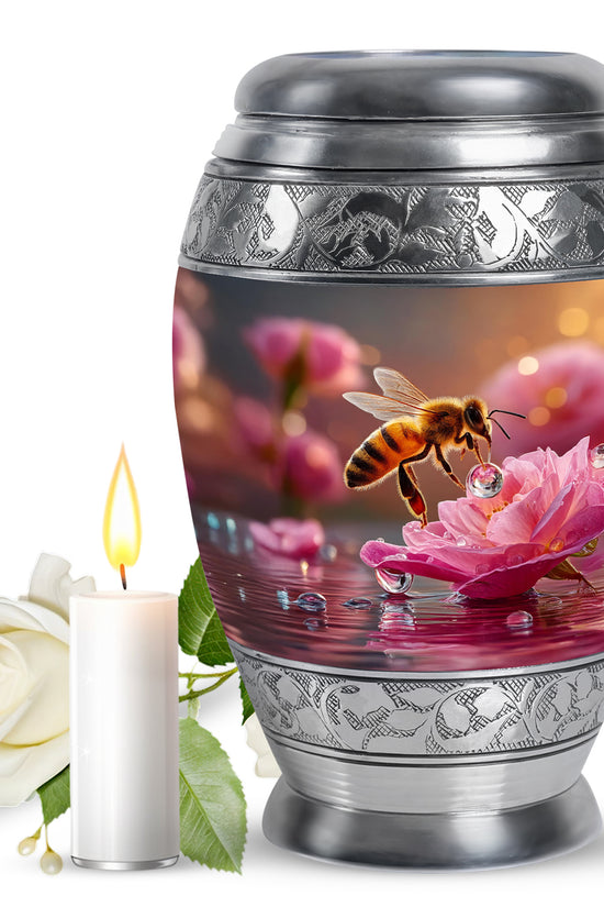 Royal Gold Bee Cremation Urn back view with polished surface - royal bee engraving with decorative scrollwork - full-size 10 inch 200 cubic inch adult cremation urn