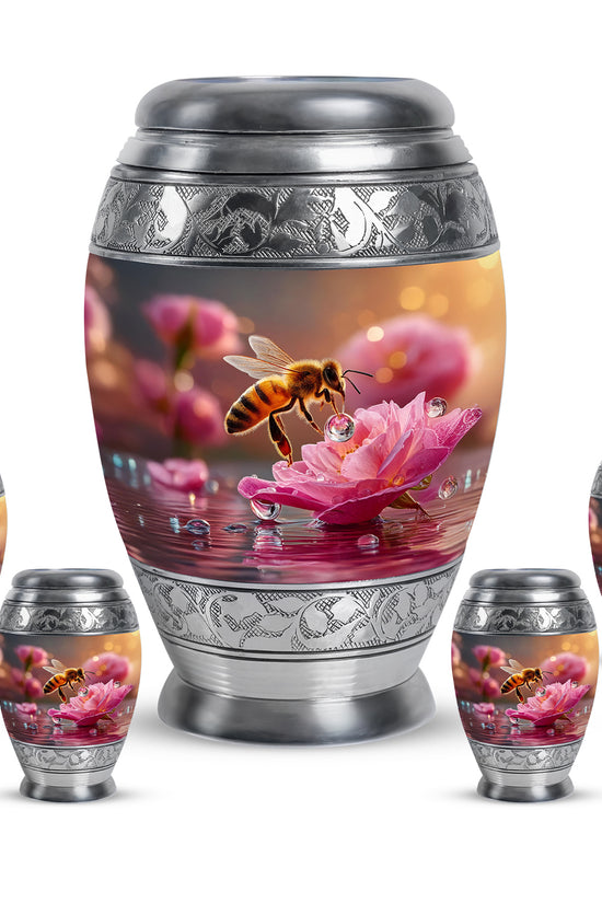 Gilded Gold Bee Cremation Urn detail view - regal bee design with crown-inspired accents - memorial set with one large and four small urns