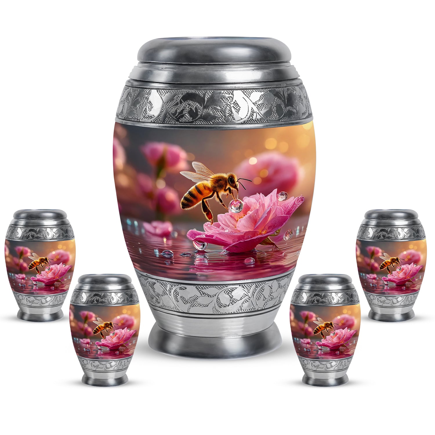 Gilded Gold Bee Cremation Urn detail view - regal bee design with crown-inspired accents - memorial set with one large and four small urns