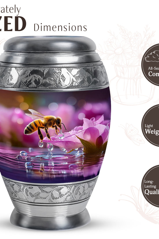 Garnet Red Bee Cremation Urn lifestyle display on memorial shelf - ornate monarch-style bee relief on brushed aluminum - mini keepsake memorial for portion of cremation ashes