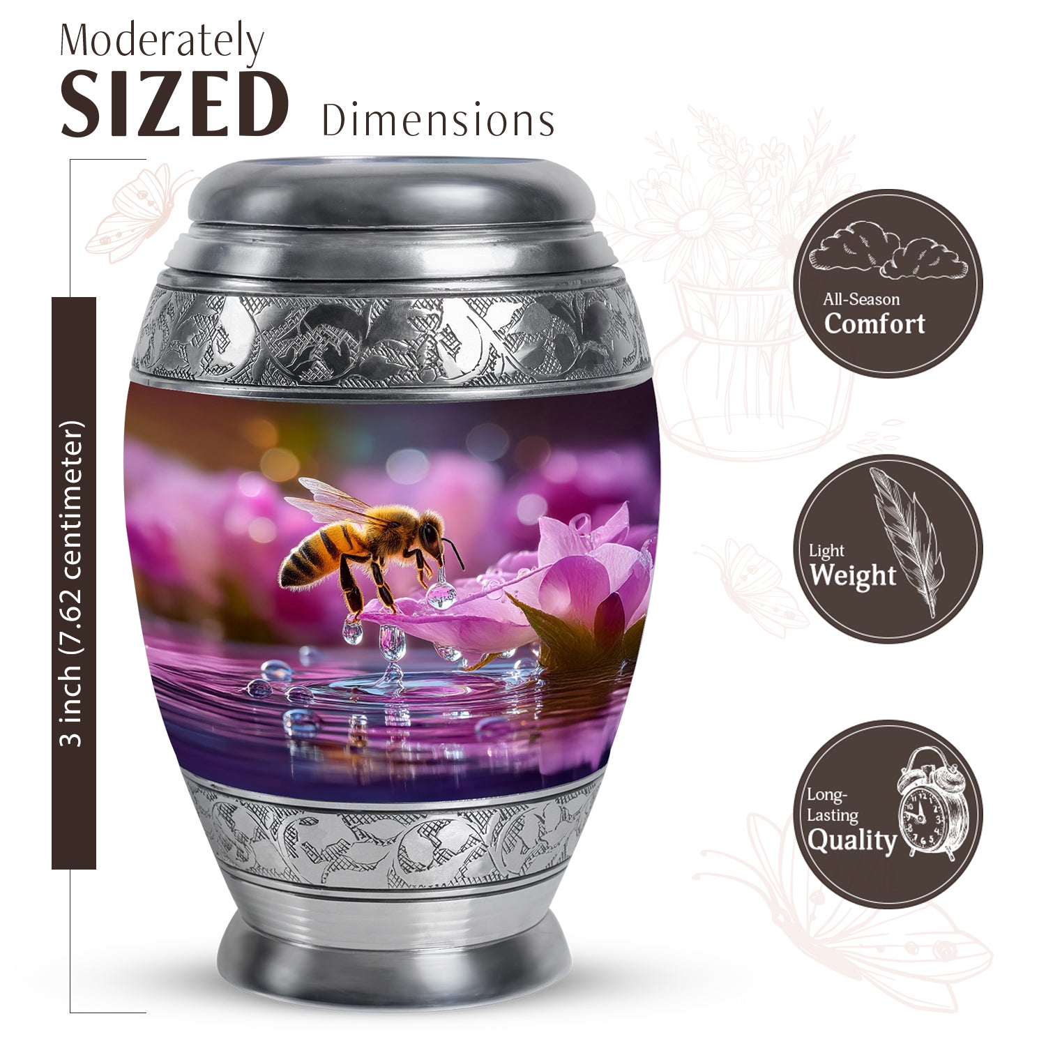 Garnet Red Bee Cremation Urn lifestyle display on memorial shelf - ornate monarch-style bee relief on brushed aluminum - mini keepsake memorial for portion of cremation ashes