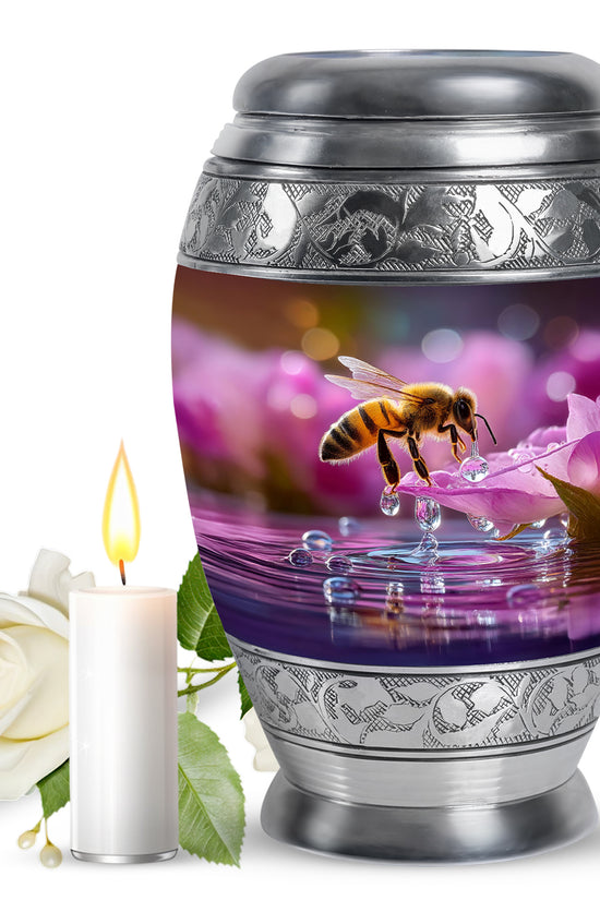 Garnet Red Bee Cremation Urn back view with polished surface - ornate monarch-style bee relief on brushed aluminum - full-size 10 inch 200 cubic inch adult cremation urn