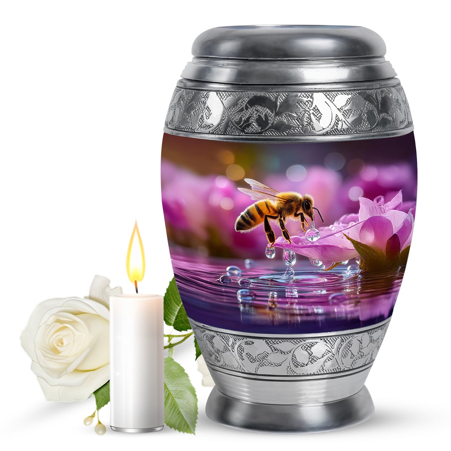 Garnet Red Bee Cremation Urn back view with polished surface - ornate monarch-style bee relief on brushed aluminum - full-size 10 inch 200 cubic inch adult cremation urn