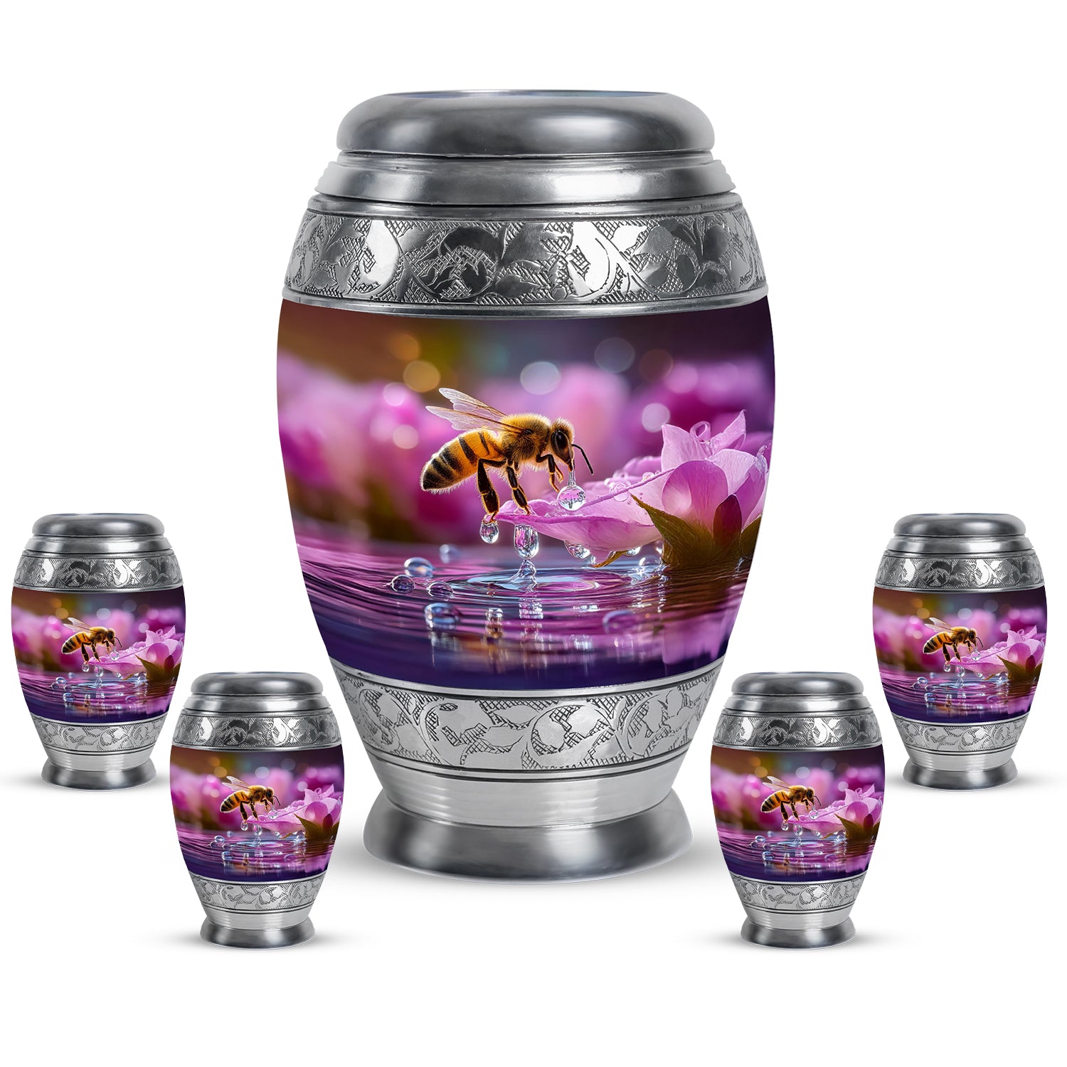 Deep Red Bee Cremation Urn detail view - ornate monarch-style bee relief on brushed aluminum - memorial set with one large and four small urns
