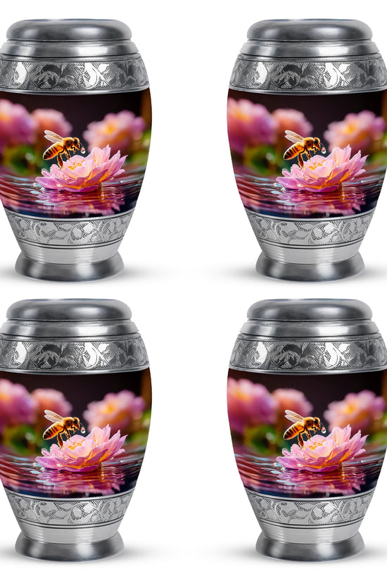 Obsidian Black Bee Cremation Urn urn with complimentary velvet bag - royal bee engraving with decorative scrollwork - 10 inch aluminum urn for cremated remains