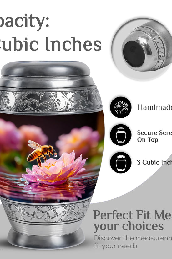 Ebony Bee Cremation Urn lifestyle display on memorial shelf - ornate monarch-style bee relief on brushed aluminum - mini keepsake memorial for portion of cremation ashes