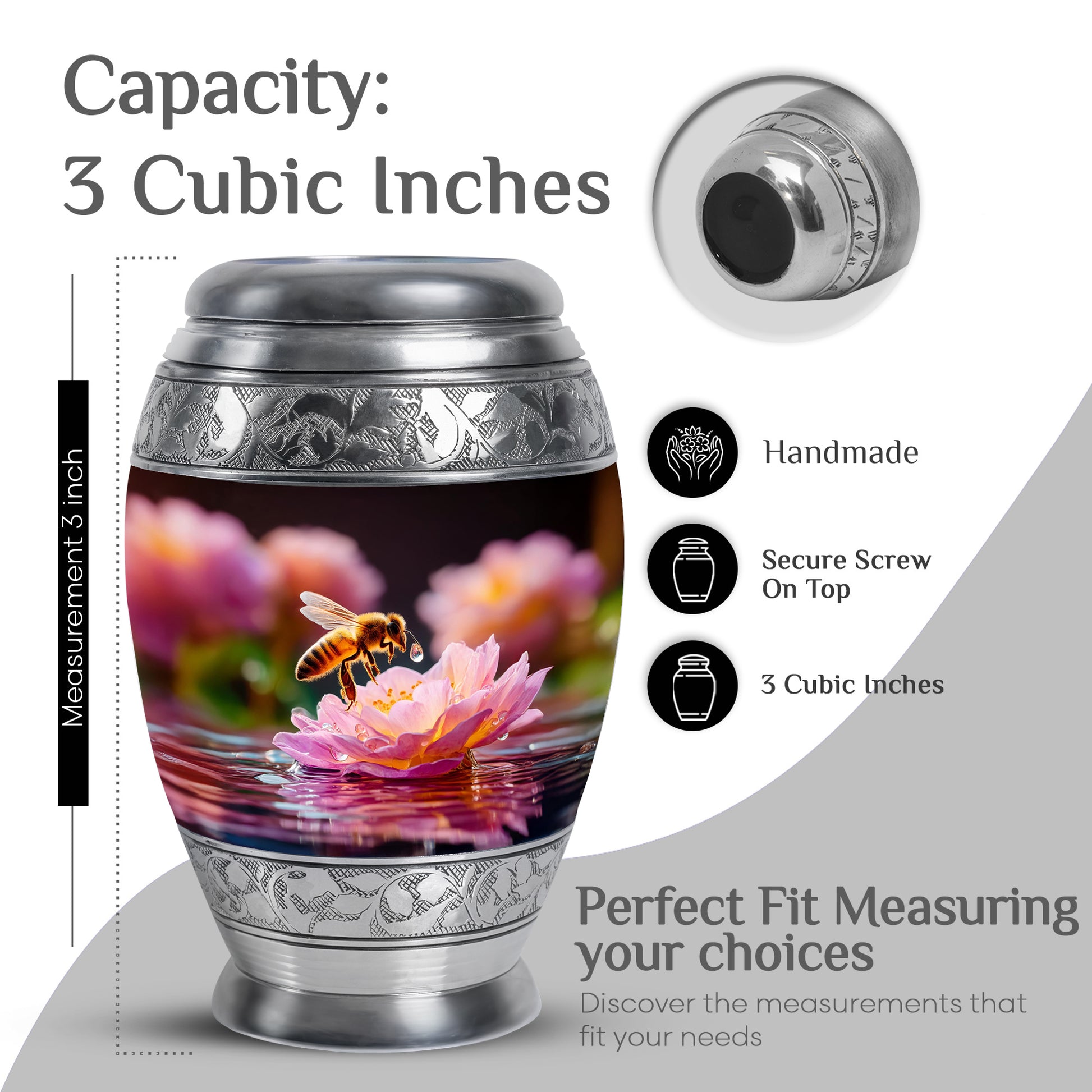 Ebony Bee Cremation Urn lifestyle display on memorial shelf - ornate monarch-style bee relief on brushed aluminum - mini keepsake memorial for portion of cremation ashes