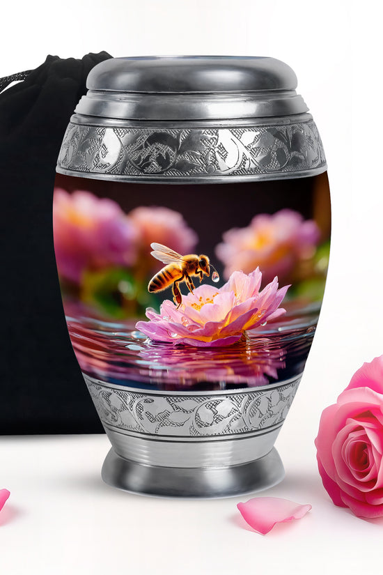 Jet Black Bee Cremation Urn back view with polished surface - ornate monarch-style bee relief on brushed aluminum - full-size 10 inch 200 cubic inch adult cremation urn