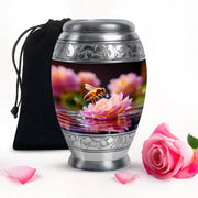 Jet Black Bee Cremation Urn back view with polished surface - ornate monarch-style bee relief on brushed aluminum - full-size 10 inch 200 cubic inch adult cremation urn