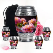 Onyx Black Bee Cremation Urn detail view - royal bee engraving with decorative scrollwork - memorial set with one large and four small urns