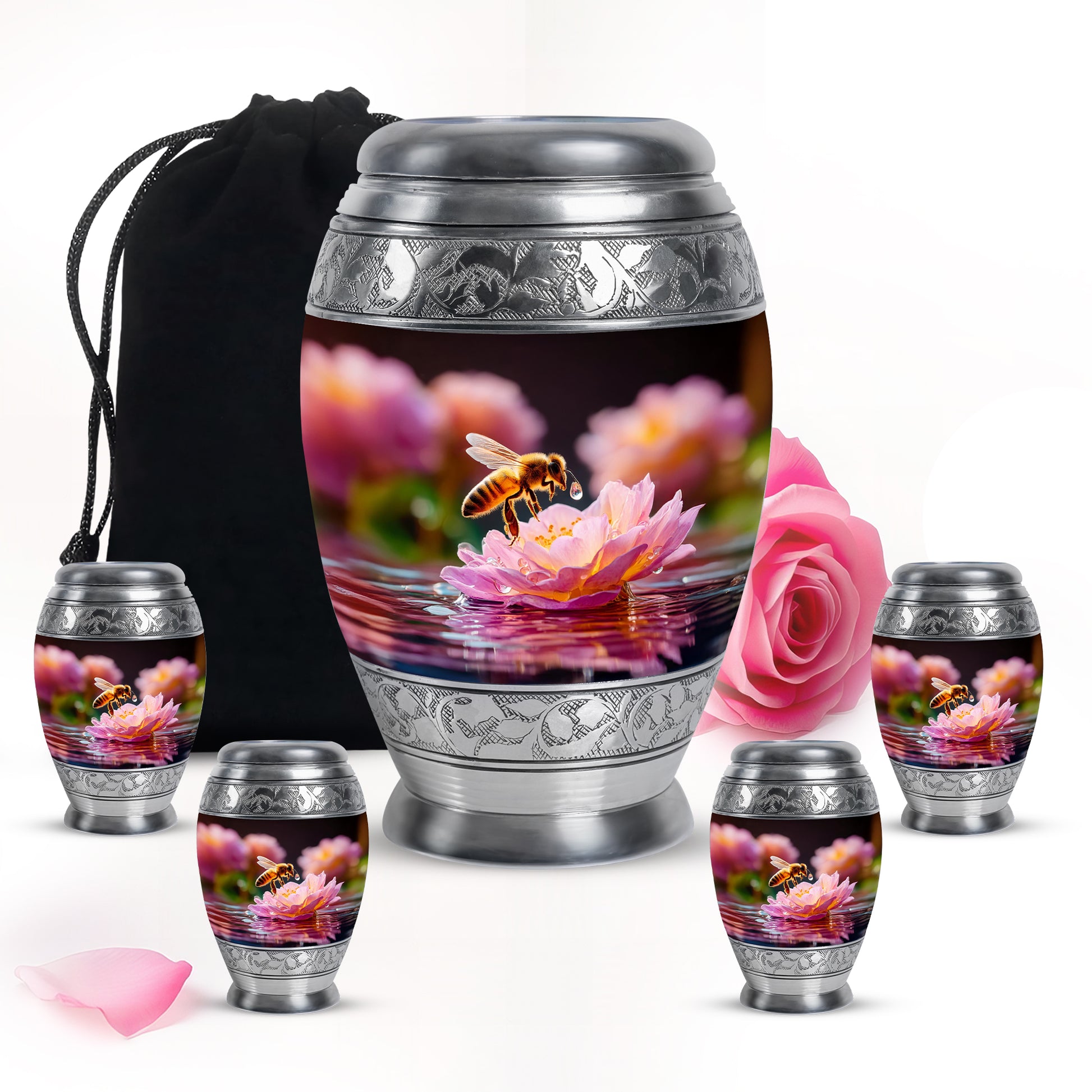 Onyx Black Bee Cremation Urn detail view - royal bee engraving with decorative scrollwork - memorial set with one large and four small urns