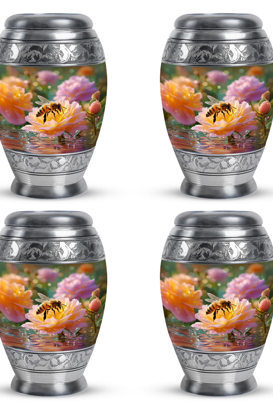 Burnished Gold Bee Cremation Urn urn with complimentary velvet bag - royal bee engraving with decorative scrollwork - 10 inch aluminum urn for cremated remains