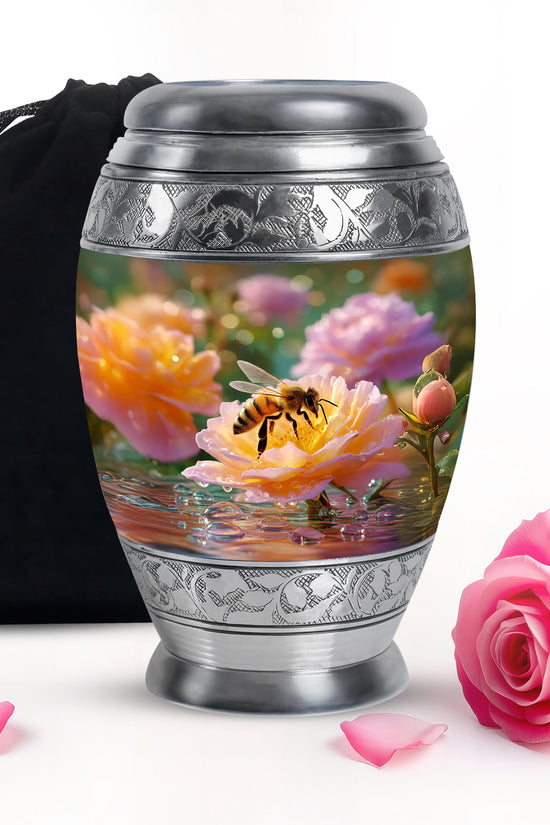 Champagne Gold Bee Cremation Urn back view with polished surface - ornate monarch-style bee relief on brushed aluminum - full-size 10 inch 200 cubic inch adult cremation urn