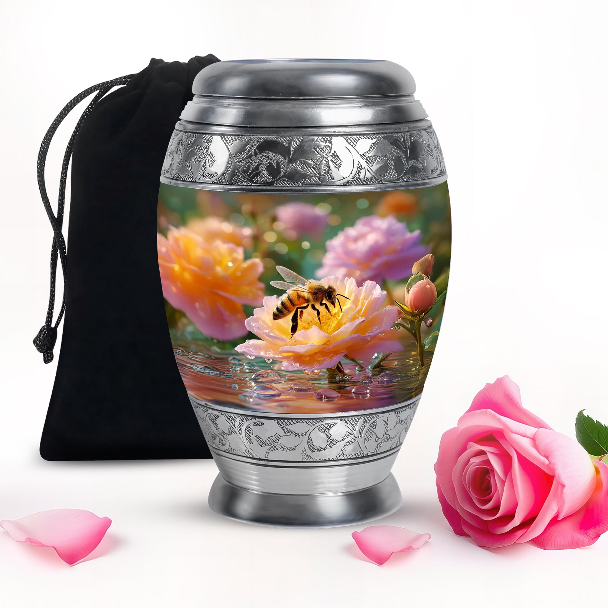 Champagne Gold Bee Cremation Urn back view with polished surface - ornate monarch-style bee relief on brushed aluminum - full-size 10 inch 200 cubic inch adult cremation urn
